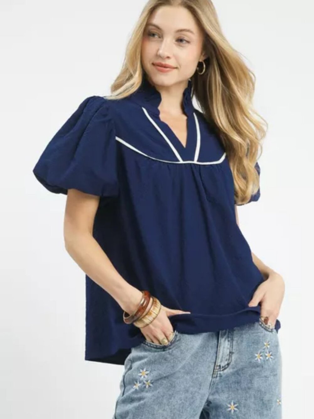 Umgee Textured Puff Sleeve Blouse - Picture 2 of 4